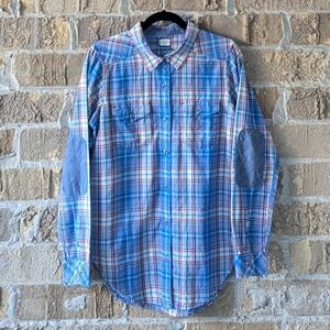 NWOT Kavu Billie Jean Boyfriend Flannel Elbow Patches Blue Red Small